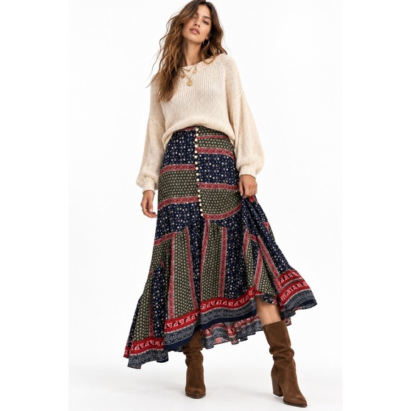 Vida Mia Dresses & Skirts - Vida Mia Patchwork Maxi Skirt Boho Floral Paisley Button Front Asymmetrical S